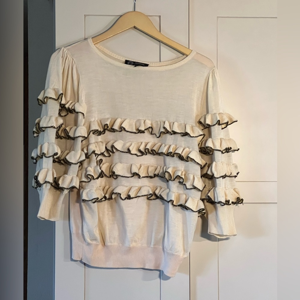 Sretsis beige ruffled light weight sweater with metallic thread, size 6